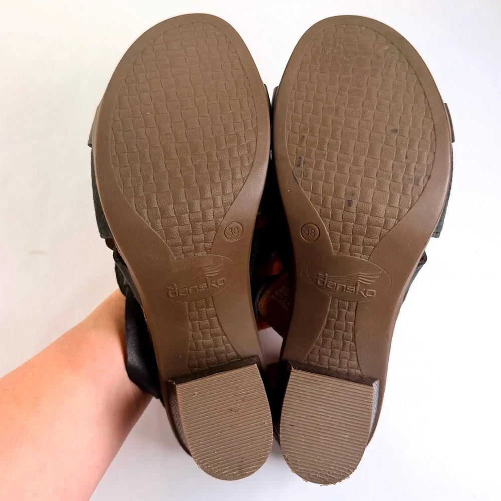Dansko Dominique Sandals Womens 38/7.5-8 Black Leather T-Strap Chunky Platform